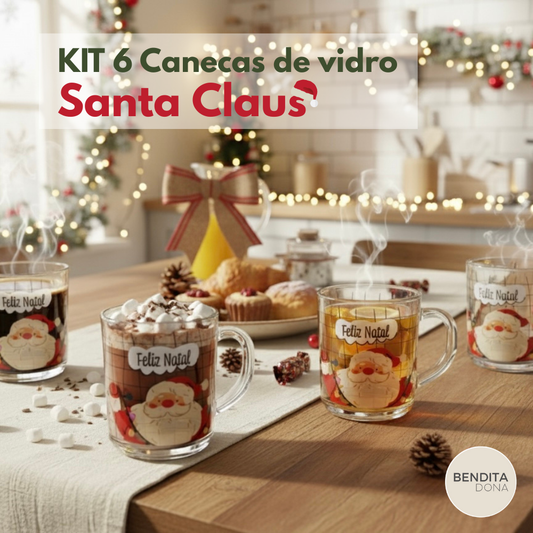 Kit 6 Canecas de Natal em Vidro (250ml) - Santa Claus