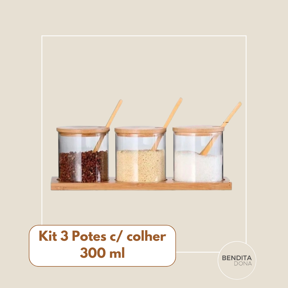 Kit Porta-Temperos de Vidro com Tampa e Colheres de Bambu - Pure