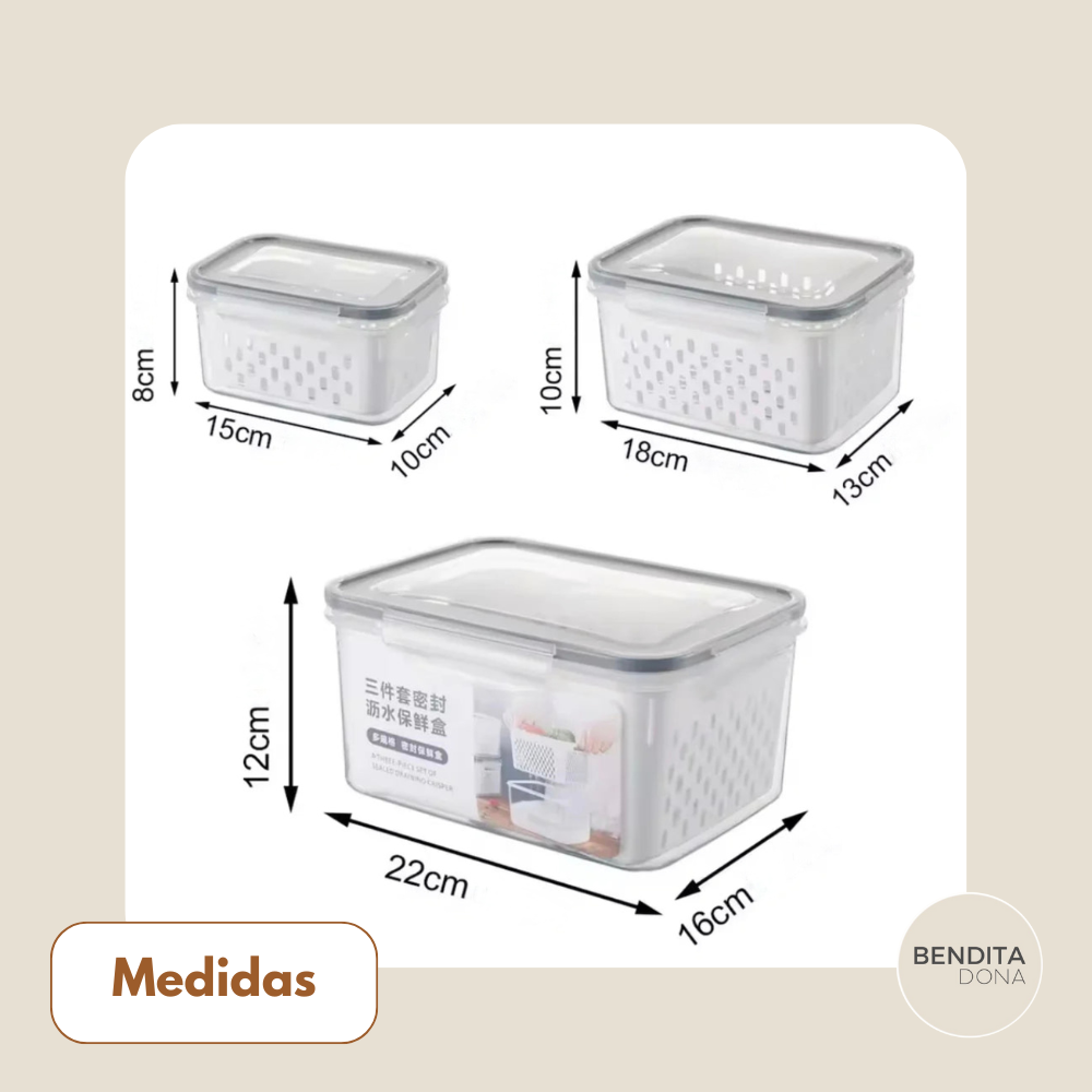 KIT 3 Organizadores de Geladeira com Cesto Drenante - FreshBox
