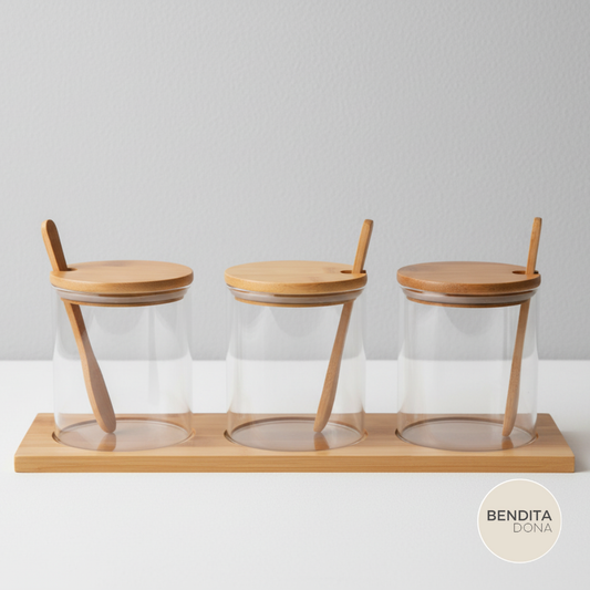 Kit Porta-Temperos de Vidro com Tampa e Colheres de Bambu - Pure