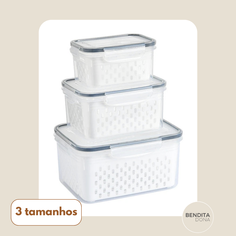 KIT 3 Organizadores de Geladeira com Cesto Drenante - FreshBox