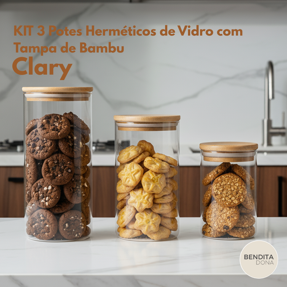 KIT 3 Potes Herméticos de Vidro com Tampa de Bambu (P,M,G) - Clary