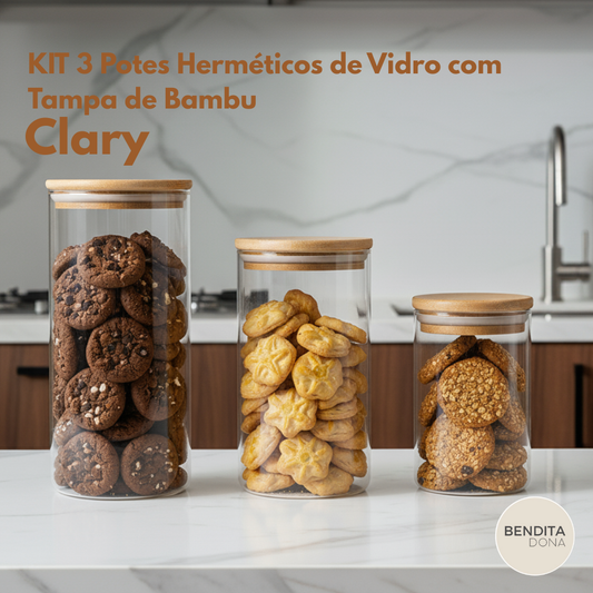 KIT 3 Potes Herméticos de Vidro com Tampa de Bambu (P,M,G) - Clary