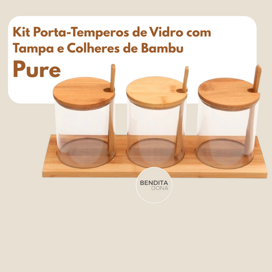 Kit Porta-Temperos de Vidro com Tampa e Colheres de Bambu - Pure