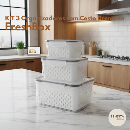 KIT 3 Organizadores de Geladeira com Cesto Drenante - FreshBox