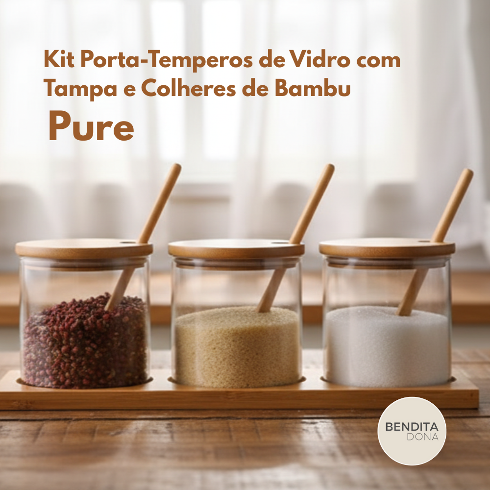 Kit Porta-Temperos de Vidro com Tampa e Colheres de Bambu - Pure