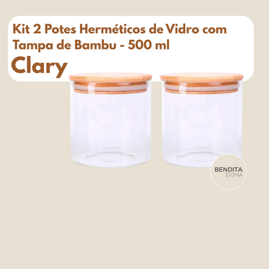 Kit 2 Potes Herméticos de Vidro com Tampa de Bambu (500 ml) - Clary