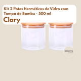 Kit 2 Potes Herméticos de Vidro com Tampa de Bambu (500 ml) - Clary