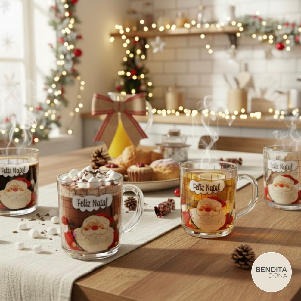 Kit 6 Canecas de Natal em Vidro (250ml) - Santa Claus