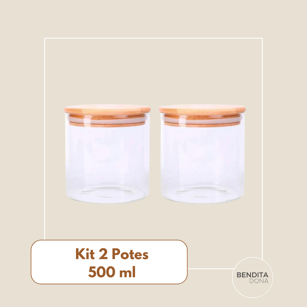 Kit 2 Potes Herméticos de Vidro com Tampa de Bambu (500 ml) - Clary