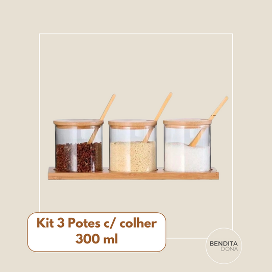 Kit Porta-Temperos de Vidro com Tampa e Colheres de Bambu - Pure