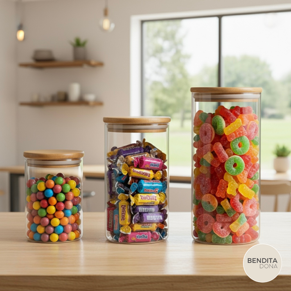 KIT 3 Potes Herméticos de Vidro com Tampa de Bambu (P,M,G) - Clary