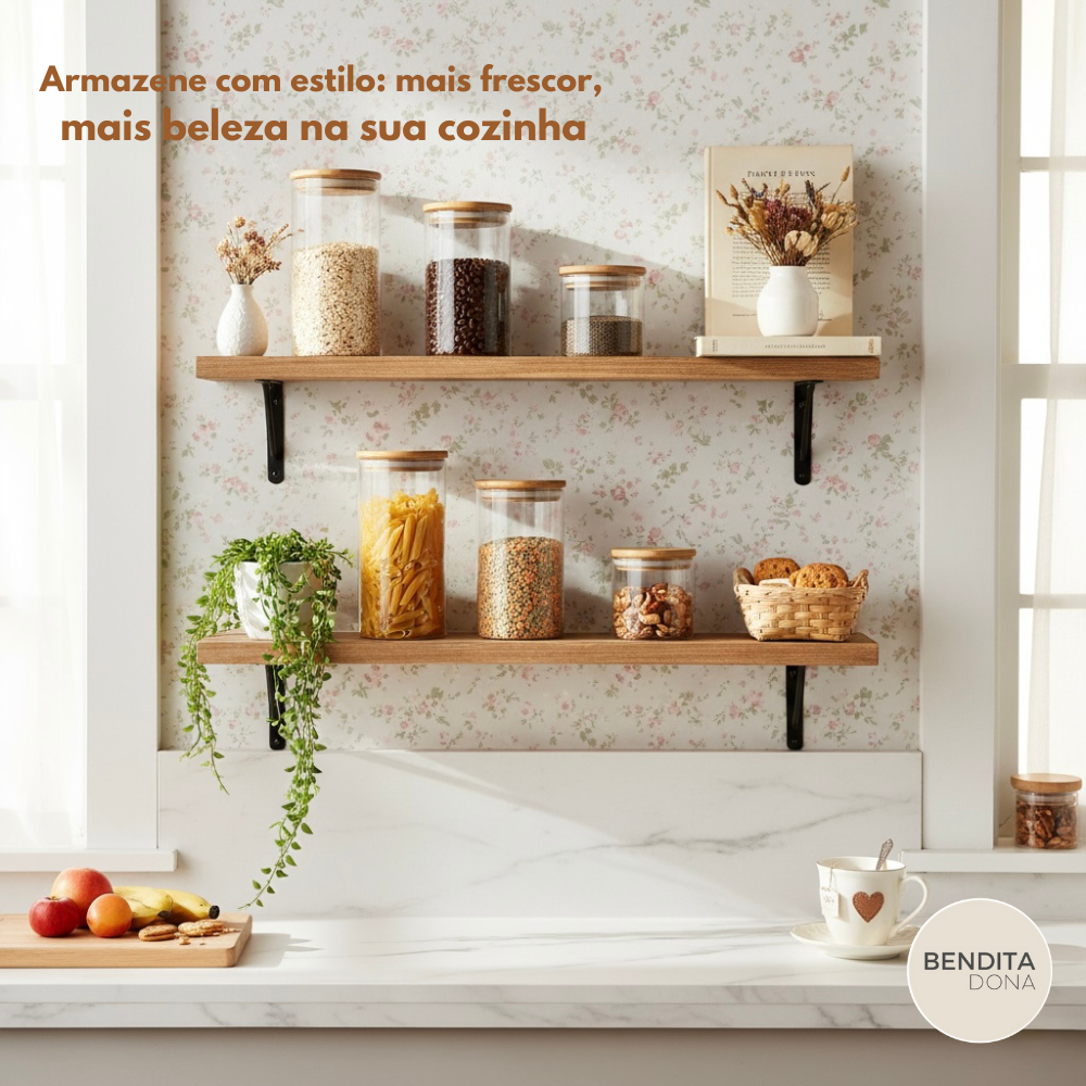 KIT 3 Potes Herméticos de Vidro com Tampa de Bambu (P,M,G) - Clary