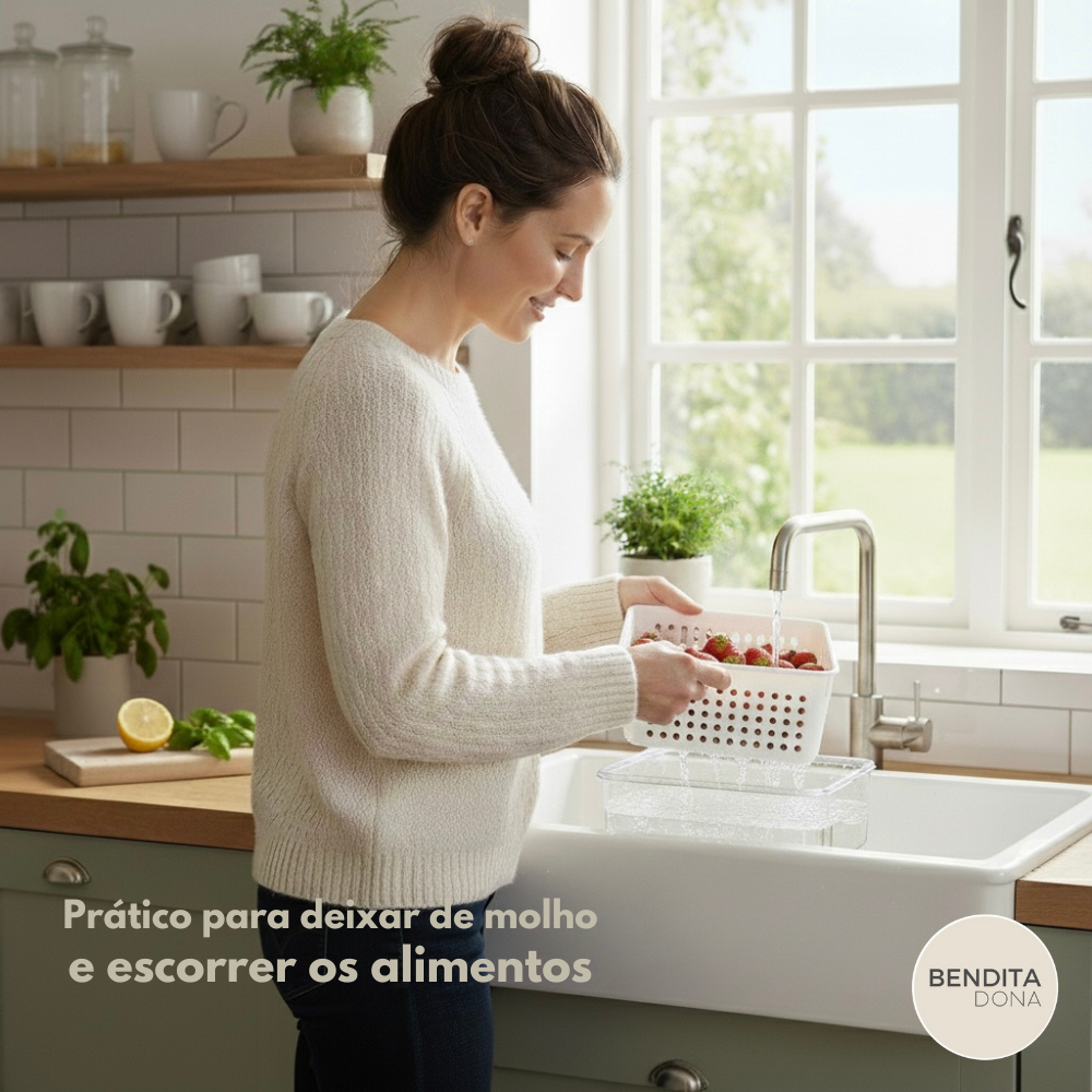 KIT 3 Organizadores de Geladeira com Cesto Drenante - FreshBox