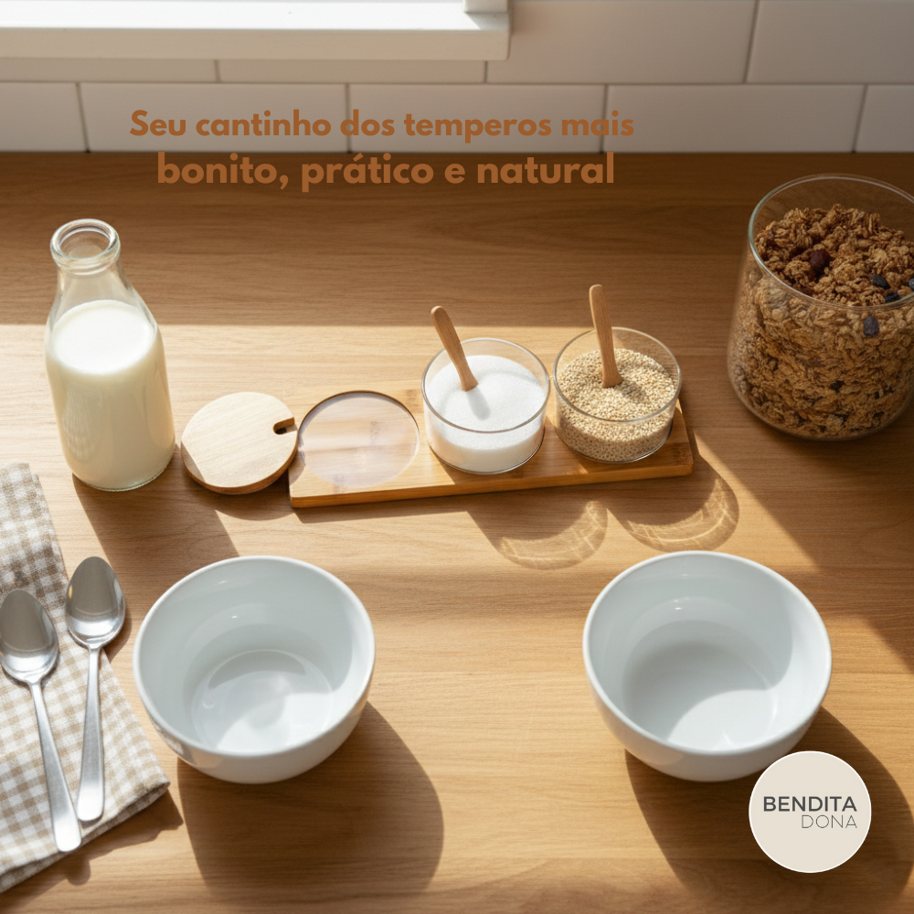 Kit Porta-Temperos de Vidro com Tampa e Colheres de Bambu - Pure