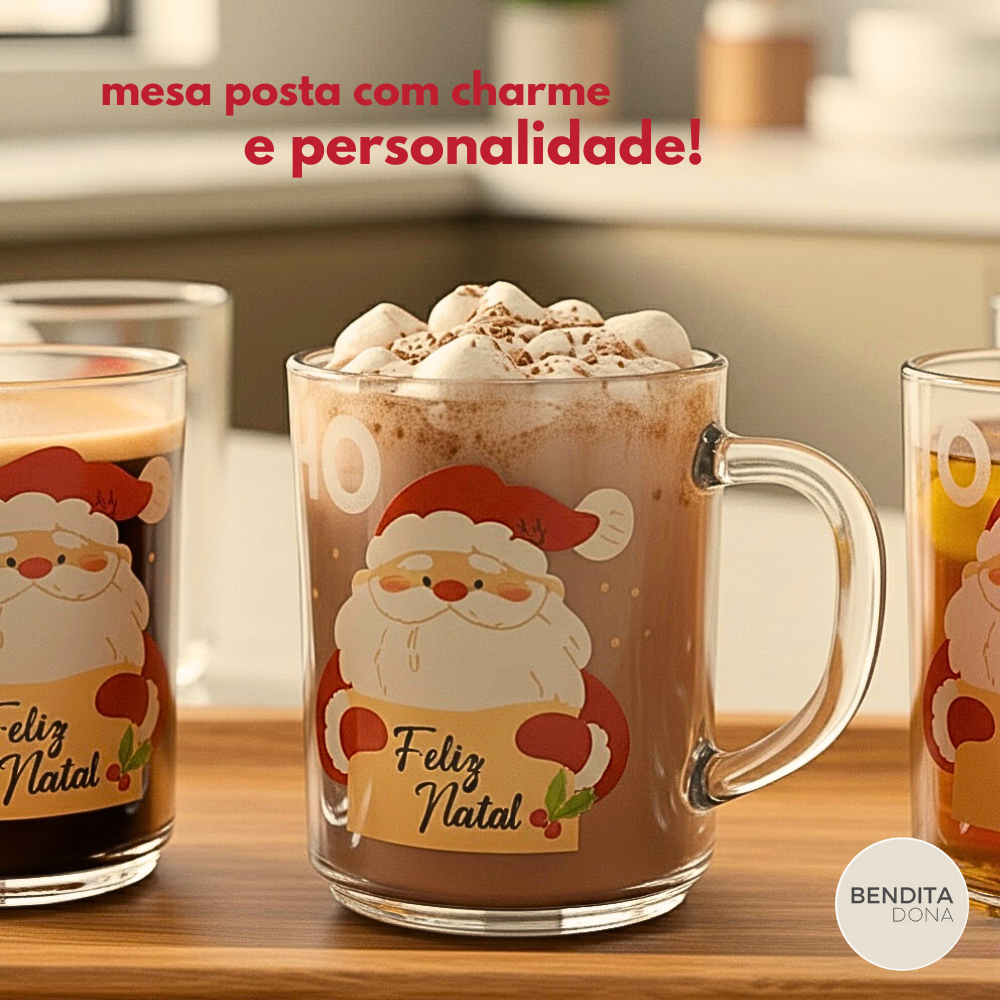 Kit 6 Canecas de Natal em Vidro (250ml) - Santa Claus