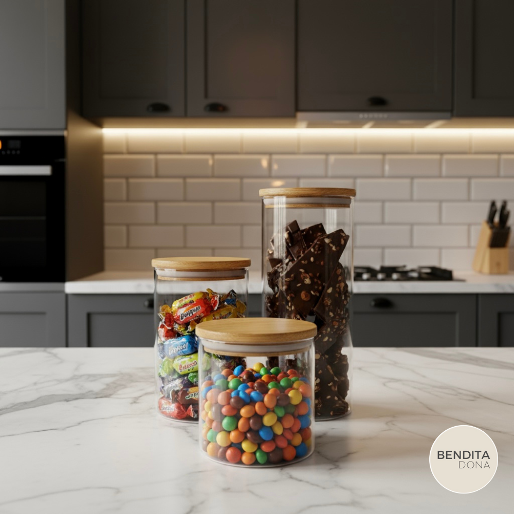 KIT 3 Potes Herméticos de Vidro com Tampa de Bambu (P,M,G) - Clary