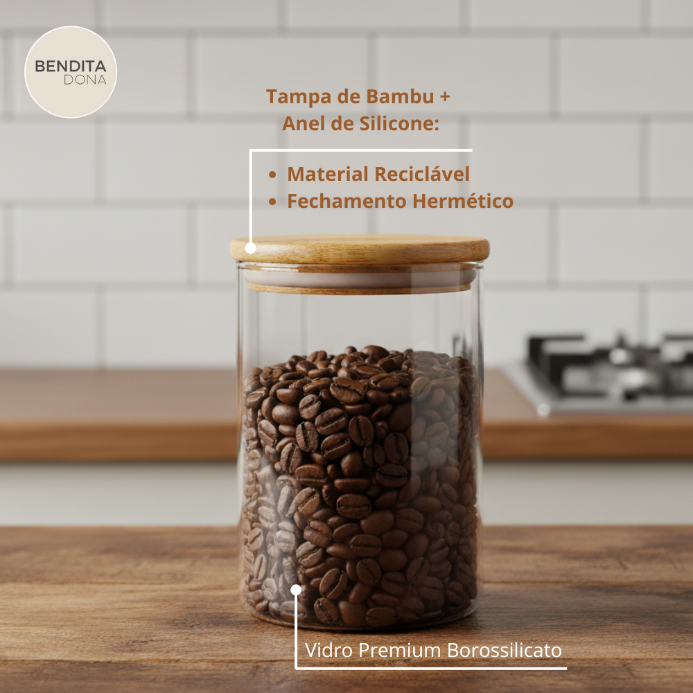 KIT 3 Potes Herméticos de Vidro com Tampa de Bambu (P,M,G) - Clary