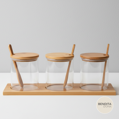 Kit Porta-Temperos de Vidro com Tampa e Colheres de Bambu - Pure