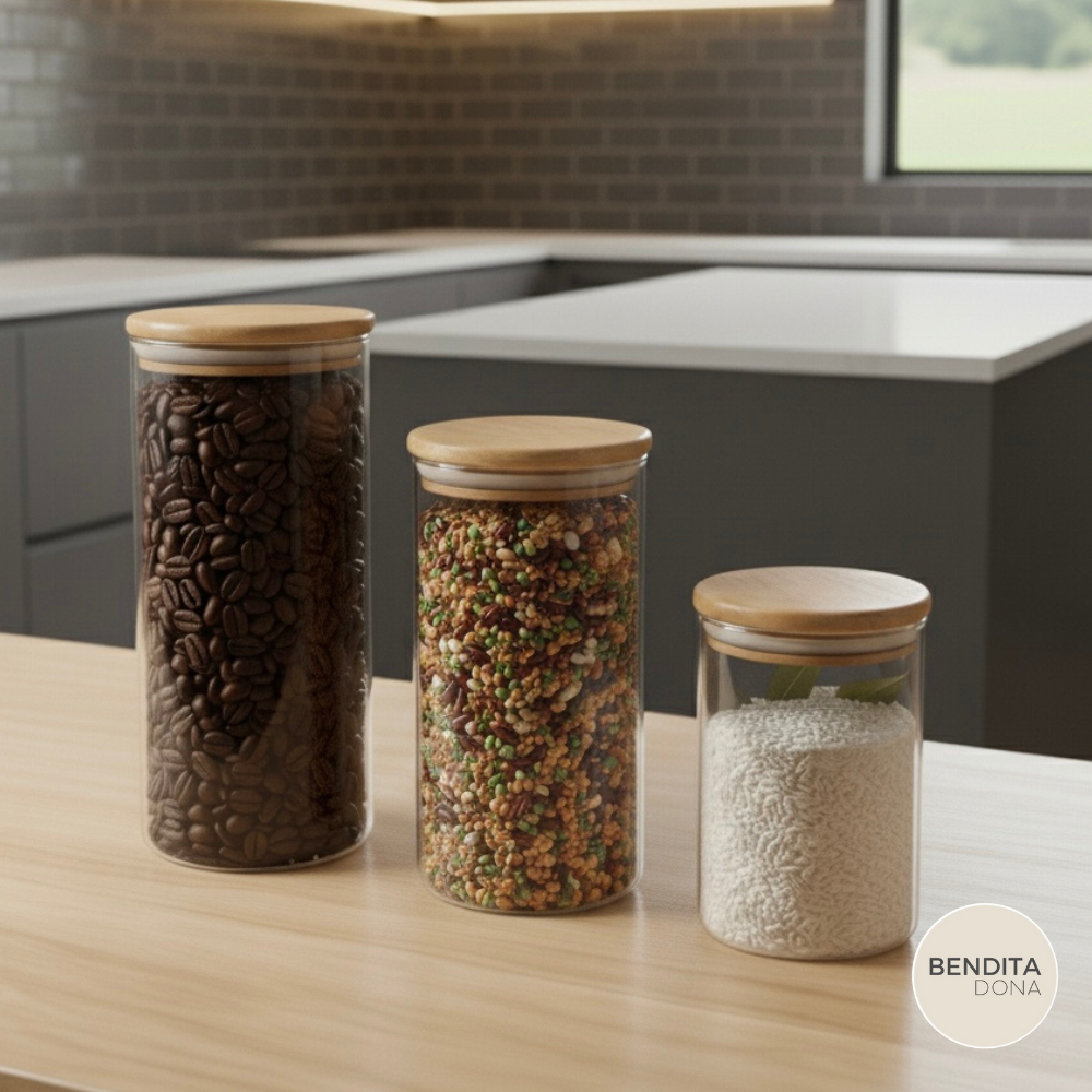 KIT 3 Potes Herméticos de Vidro com Tampa de Bambu (P,M,G) - Clary