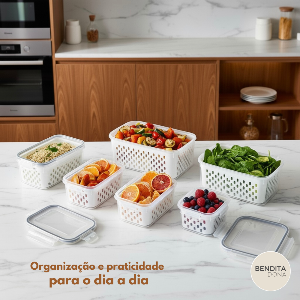 KIT 3 Organizadores de Geladeira com Cesto Drenante - FreshBox