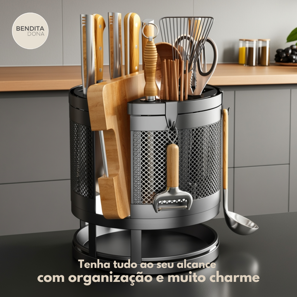 Organizador Rotativo de Utensílios de Cozinha em Metal- Turnix