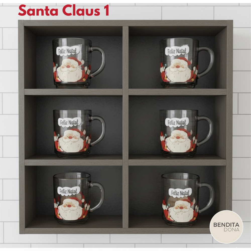 Kit 6 Canecas de Natal em Vidro (250ml) - Santa Claus